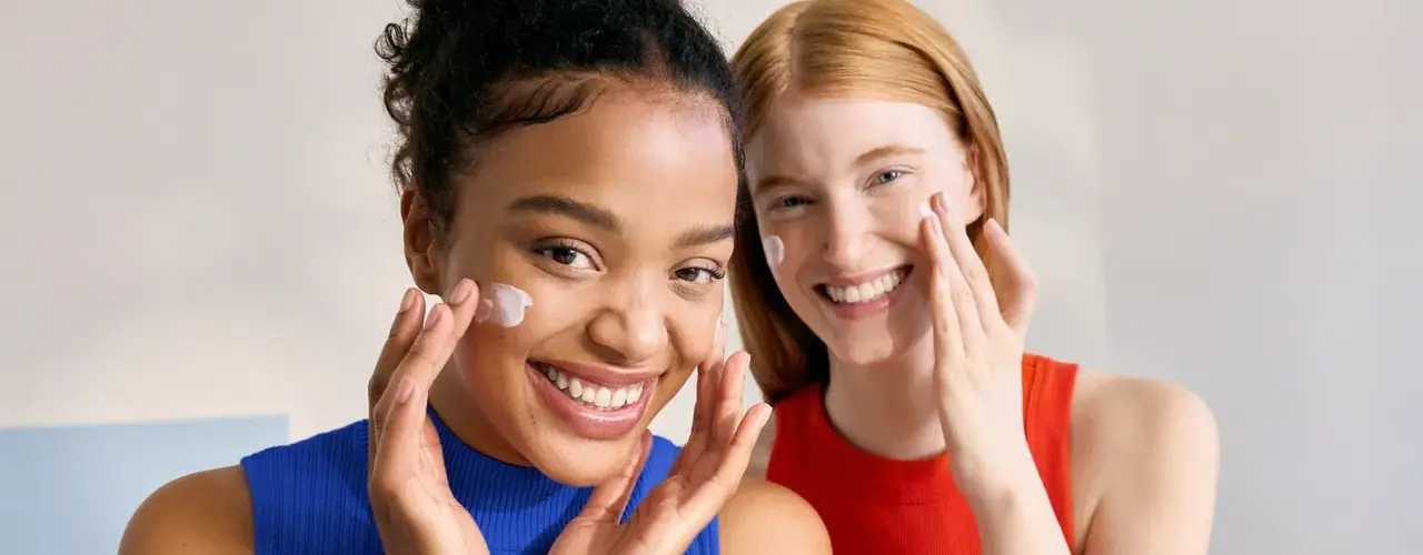 Two women smiling with skincare dotted on their cheeks